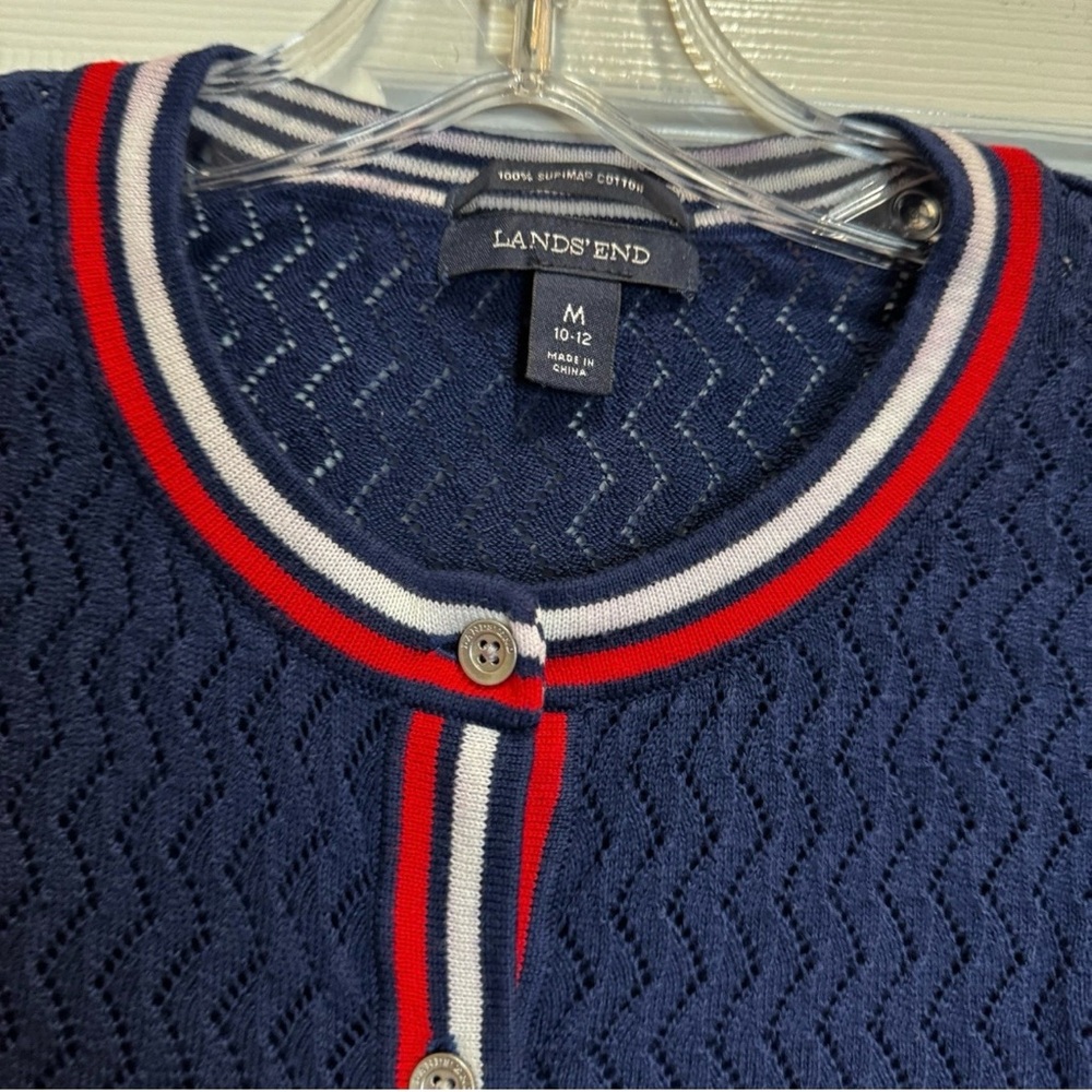 Lands' End Navy Knit Lace Cardigan Varsity Stripe Medium - Picture 4 of 10